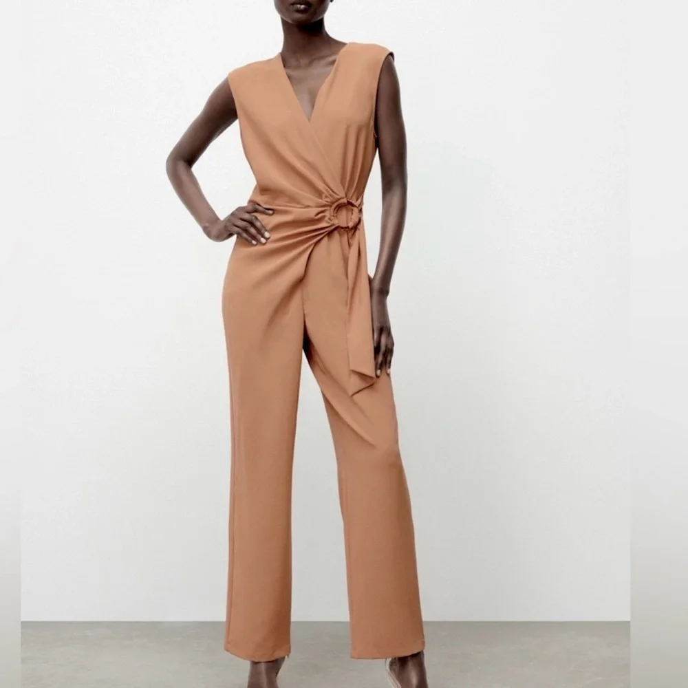 Zara NWT beige tan wrap O ring tie open back cutout jumpsuit